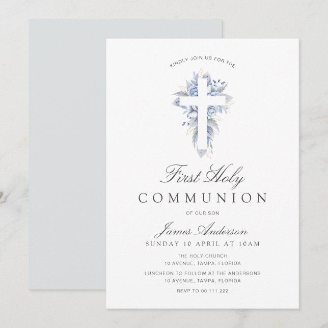 blue floral cross first holy communion invitation einladung (Vorne/Hinten)