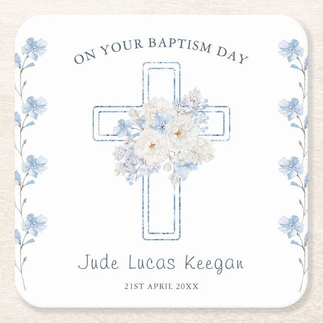 Blue Floral Cross Taufen Paper Untersetzer (Vorderseite)