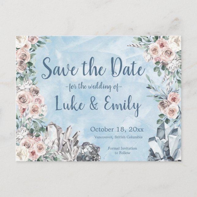 Blue Floral & Crystals Wedding Save the Date Postkarte (Vorderseite)