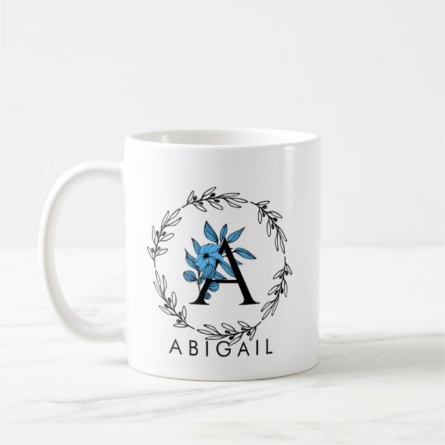 Blue Floral Custom Monogram - Letter A Kaffeetasse (Links)