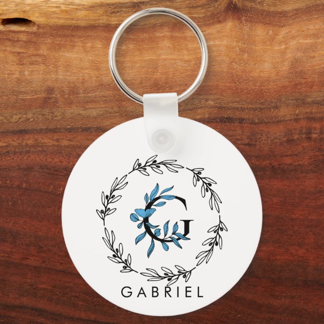 Blue Floral Custom Monogram - Letter G Schlüsselanhänger (Vorderseite)