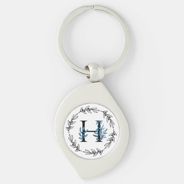 Blue Floral Custom Monogram - Letter H Schlüsselanhänger (Vorderseite)