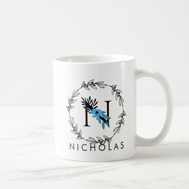 Blue Floral Custom Monogram - Letter N Coffee Tass Kaffeetasse (Rechts)