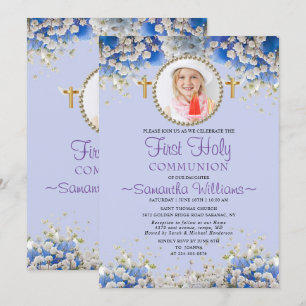 Blue Floral Daisy Photo First Communion Invitation