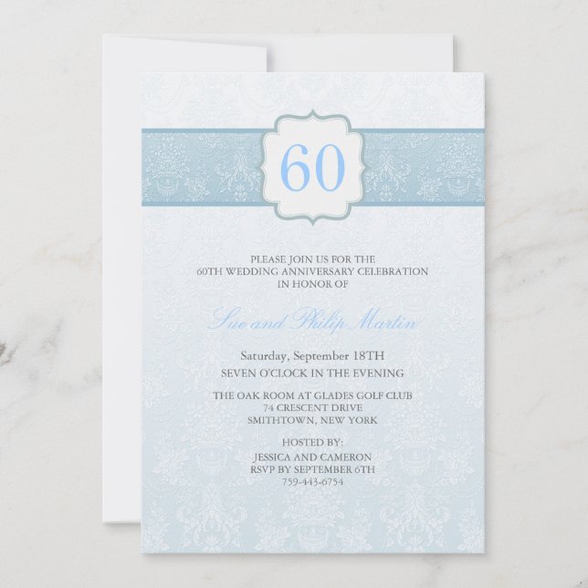 Blue Floral Damask Hochzeitstag Einladung (Vorderseite)