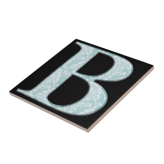 Blue Floral Damask Print B Monogramm Initialen Fliese (Seite)
