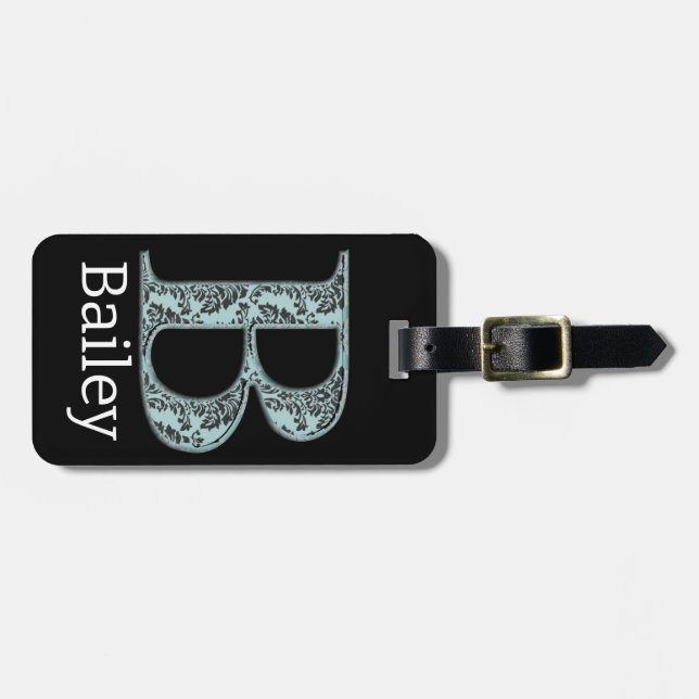 Blue Floral Damask Print B Monogramm Initialen Gepäckanhänger (Vorderseite horizontal)