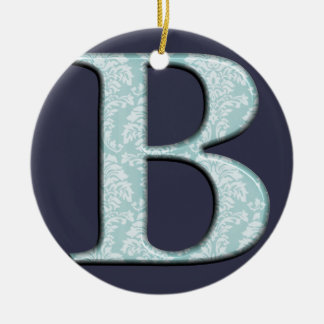 Blue Floral Damask Print B Monogramm Initialen Keramikornament
