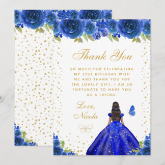 Blue Floral Dark Skin Princess Birthday Party Dankeskarte
