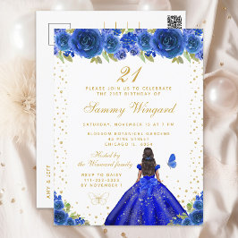 Blue Floral Dark Skin Princess Geburtstagsparty Postkarte