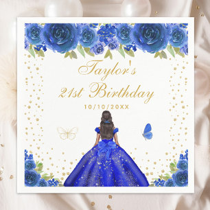 Blue Floral Dark Skin Princess Geburtstagsparty Serviette