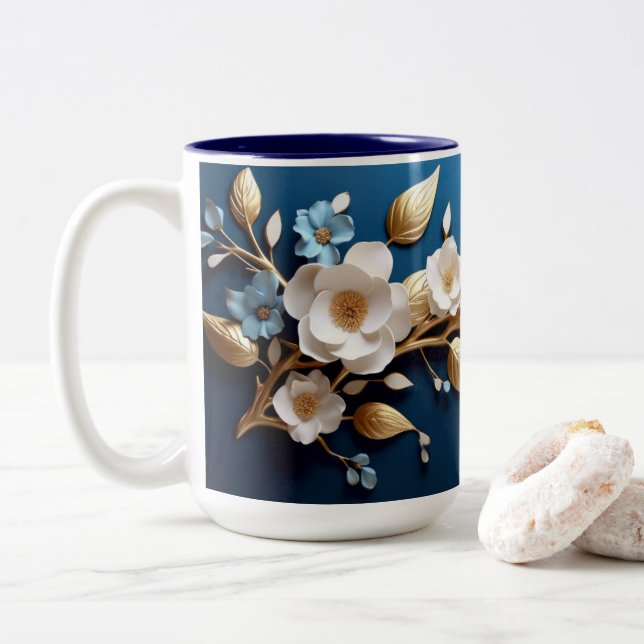 "Blue Floral Delight Coffee Tasse" Zweifarbige Tasse (Mit Donut)