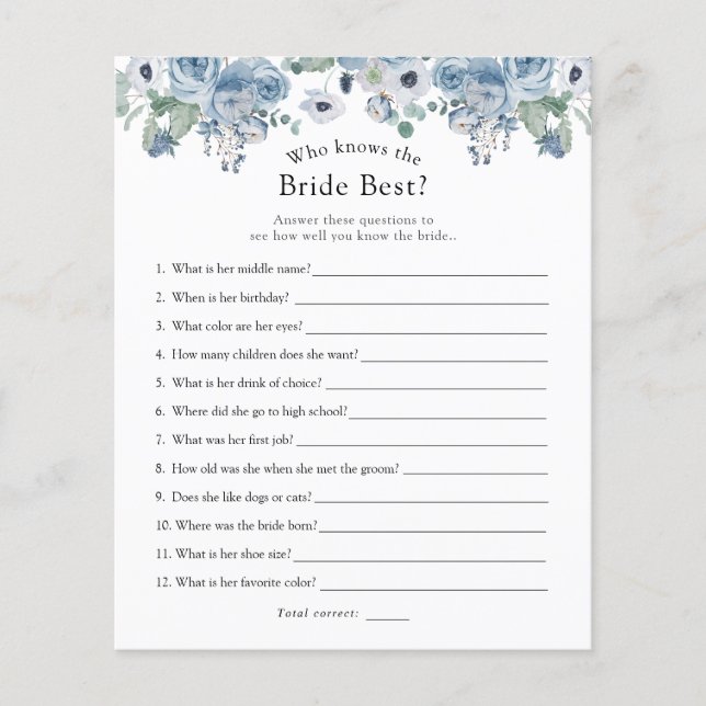 Blue Floral, der das Bride Best Bridal Game kennt (Vorderseite)