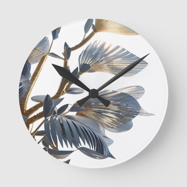 Blue Floral Design Plant Runde Wanduhr (Vorderseite)