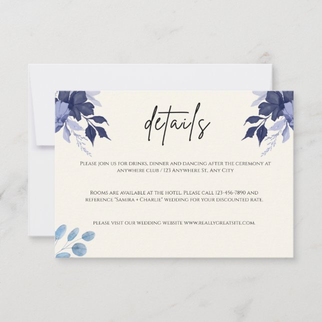 Blue Floral Détails du Mariage Carte de boîtier (Devant)