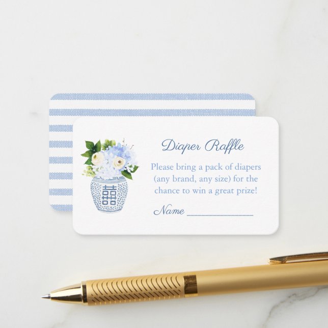 Blue Floral Diaper Raffle Preppy Baby Dusche Party Begleitkarte (Vorderseite/Rückseite Beispiel)