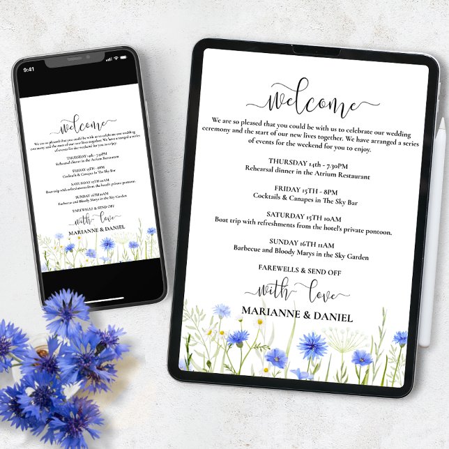 Blue Floral Digitale Agenda für Hochzeitstag Ankündigung (Von Creator hochgeladen)