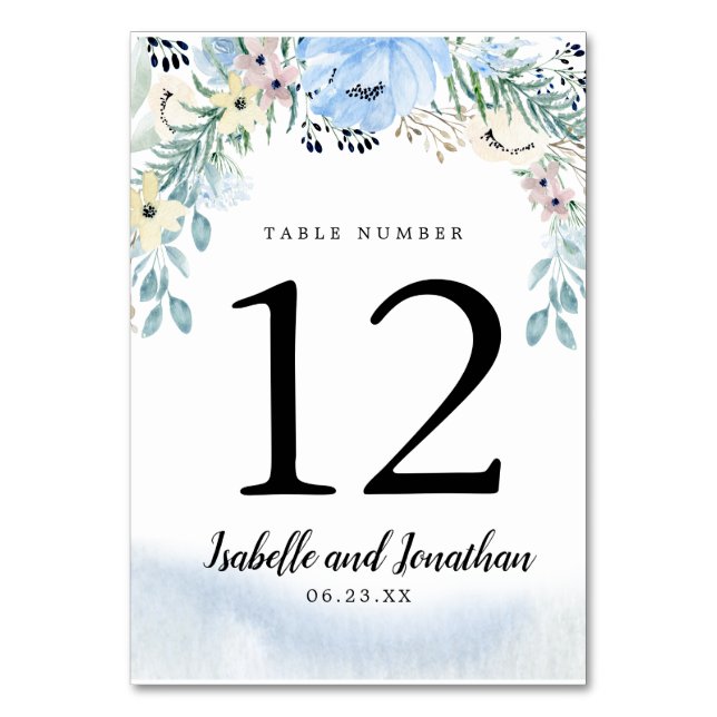 Blue Floral DIY Wedding Tischnummer Card (Vorderseite)