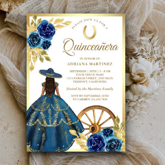 Blue Floral Dress Charro Western Gold Quinceanera Einladung