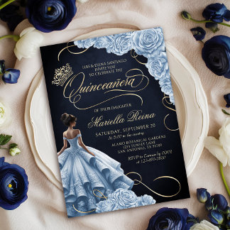Blue Floral Dress Quinceañera Einladung