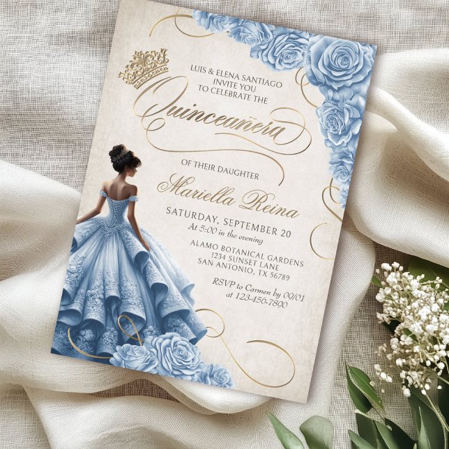 Blue Floral Dress Quinceañera Einladung (Von Creator hochgeladen)