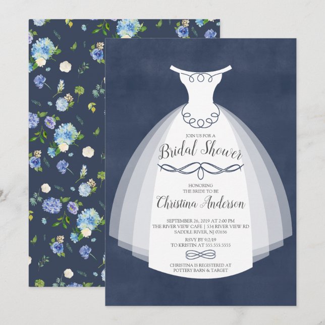 Blue Floral Elegance Braun Gown Brautparty Einladung (Vorne/Hinten)