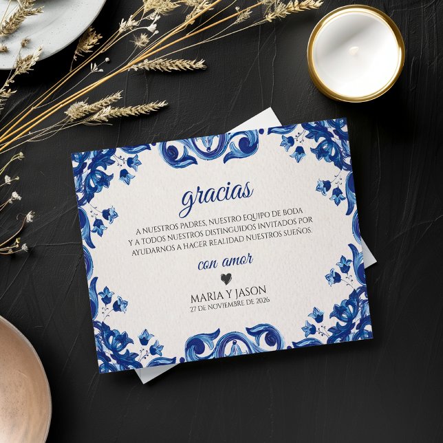 Blue Floral Elegant Fiesta Spanish Wedding Dankeskarte (Blue Floral Elegant Fiesta Spanish Wedding Thank You Card)