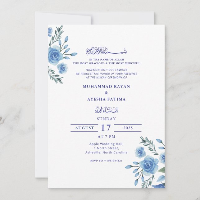Blue Floral Elegant Nikkah Arabisch Islamische Hoc Einladung (Vorderseite)