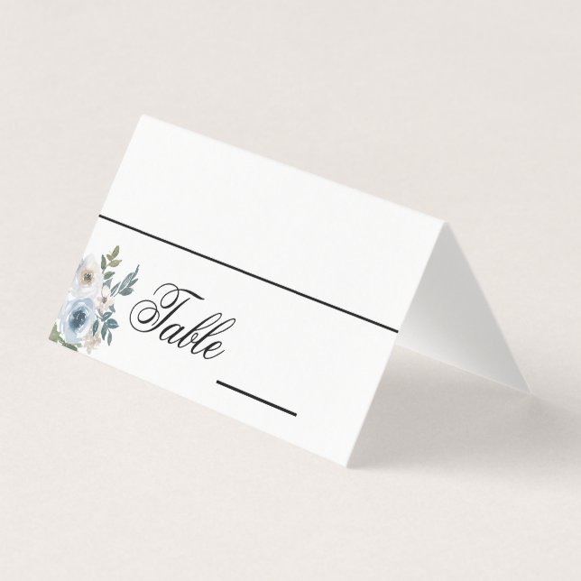 Blue Floral Élégant Nom de mariage Place Cartes (Front)