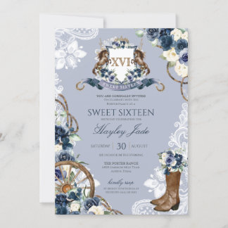 Blue Floral & Elegant Wappen Cowgirl Ranch Sweet 1 Einladung