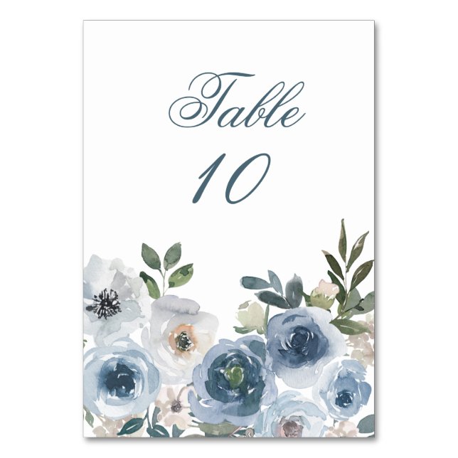 Blue Floral Elegante Wedding Tischnummer Cards (Vorderseite)