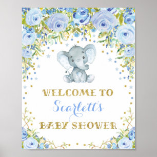 Blue Floral Elephant Baby Boy Douche Affiche de bi