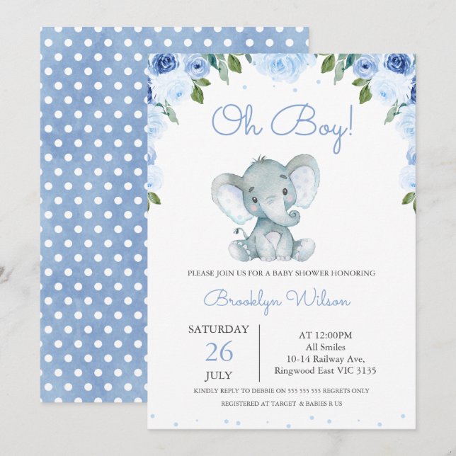 Blue Floral Elephant Baby Dusche Einladung (Vorne/Hinten)