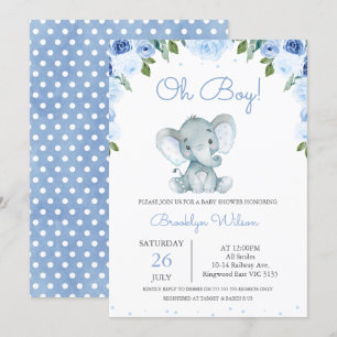 Blue Floral Elephant Baby Dusche Einladung