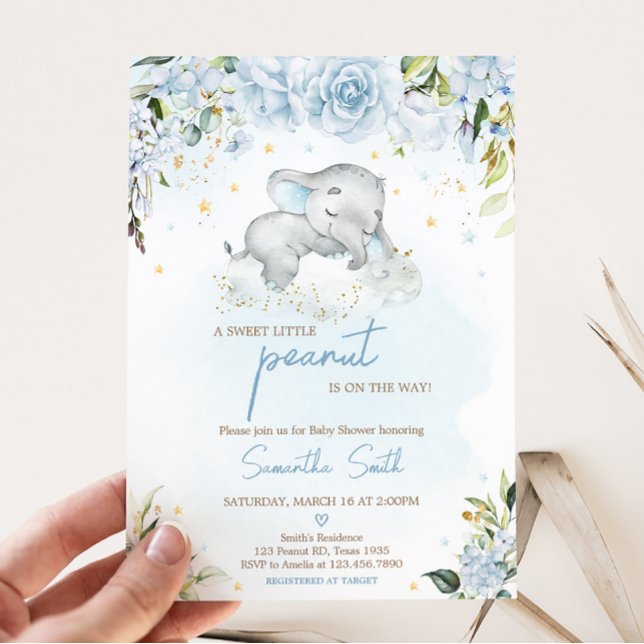 Blue Floral Elephant Baby Dusche Einladung (Blue Floral Sleeping Elephant Baby Shower Invitation)