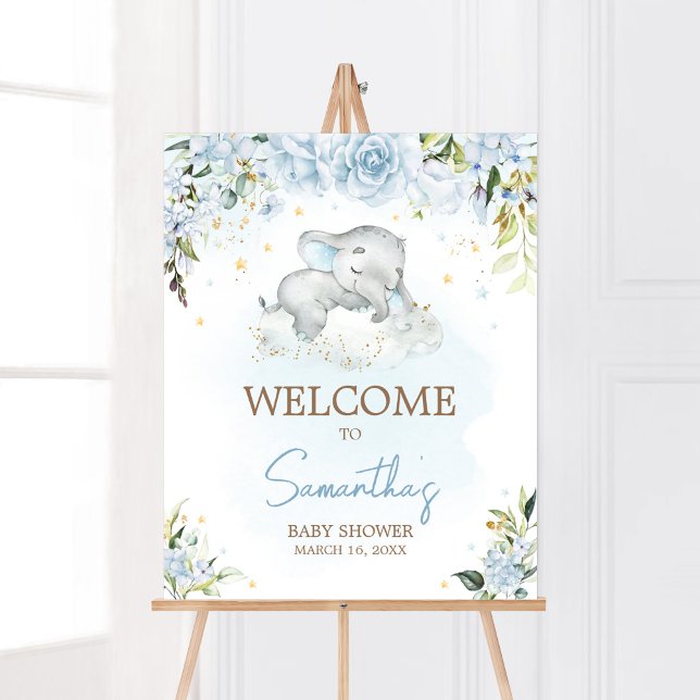 Blue Floral Elephant Baby Dusche Willkommen Poster (Blue Floral Sleeping Elephant Baby Shower Welcome Sign)