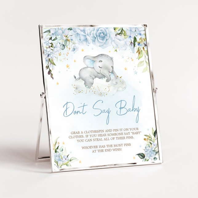 Blue Floral Elephant Baby Shower Say Baby nicht Poster (Blue Floral Sleeping Elephant Baby Shower Don't Say Baby Sign)