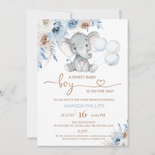 Blue Floral Elephant Balloons Baby Dusche Einladung (Vorderseite)