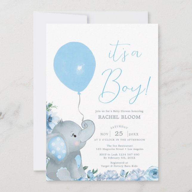 Blue Floral Elephant Boy Baby Dusche Einladung (Vorderseite)