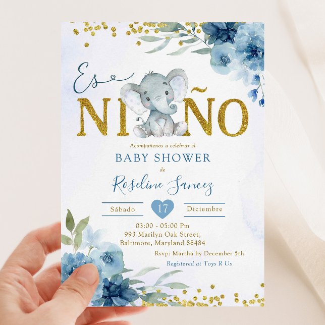 Blue Floral Elephant Es niñ o Boy Baby Dusche Einladung (Von Creator hochgeladen)