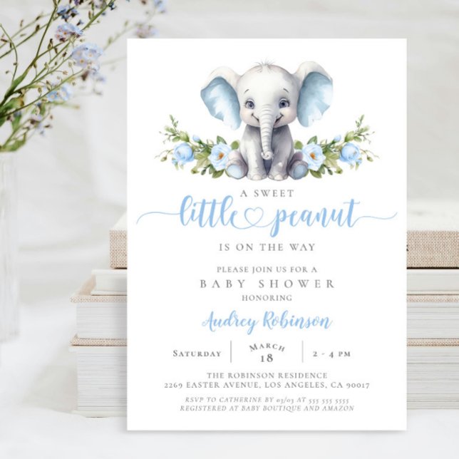 Blue Floral Elephant Little Peanut Baby Boy Dusche Einladung (Von Creator hochgeladen)