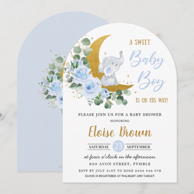 Blue Floral Elephant Moon Baby Boy Shower Arch Einladung (Vorne/Hinten)