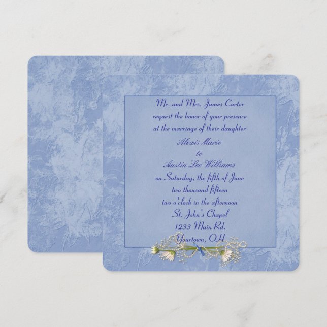Blue Floral Embossed Wedding Einladung (Vorne/Hinten)