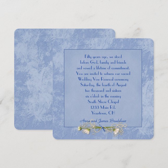 Blue Floral Embossed Wedding Vow Erneuerung Einladung (Vorne/Hinten)