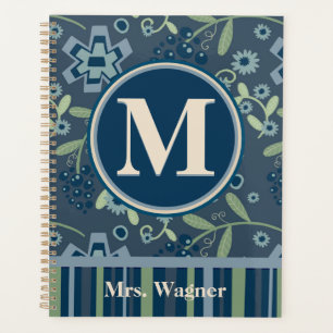 Blue Floral Enseignant Personnalisé Monogramme Nom