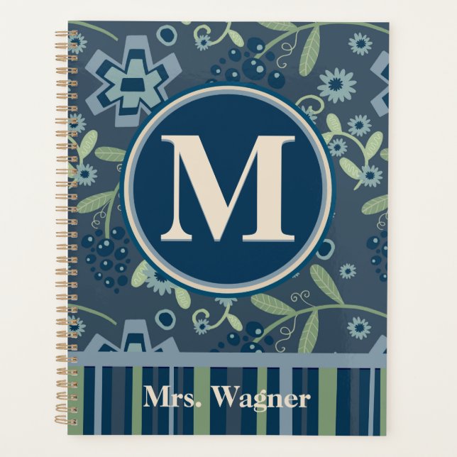 Blue Floral Enseignant Personnalisé Monogramme Nom (Devant)