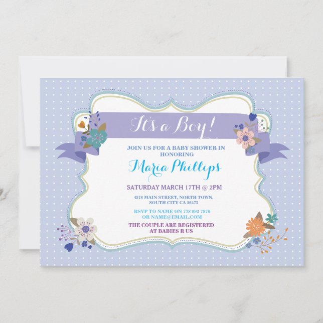 Blue Floral Es ist ein Junge / Twins Baby Dusche e Einladung (Vorderseite)