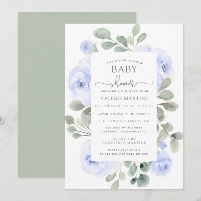 Blue Floral Eucalyptus Botanical Baby Dusche Einladung (Vorne/Hinten)