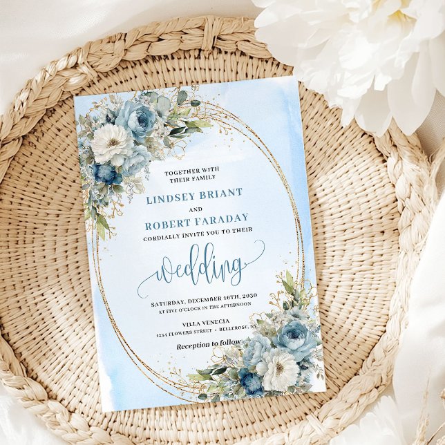 Blue Floral Eucalyptus Gold Glitter Wedding Invite Einladung (Blue Floral Eucalyptus Gold Glitter Wedding Invite)