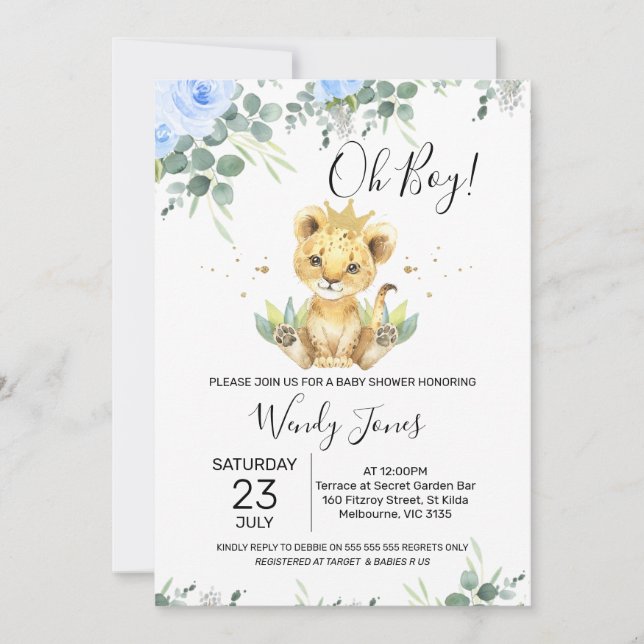 Blue Floral Eucalyptus Lion King Baby Dusche Einladung (Vorderseite)